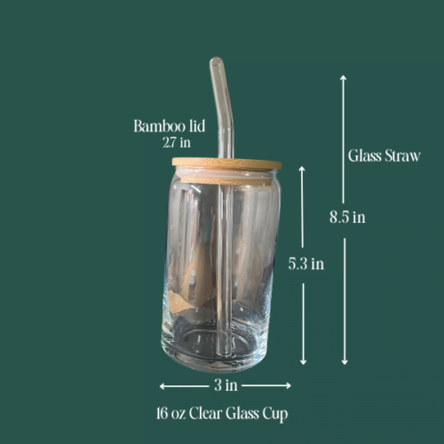 Dimensions of 16oz glass cup including 5.3 inches in height, 3 inches in width, Glass straw is 8.5 inches in height, bamboo lid is 2.7 inches in width.