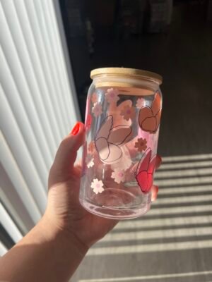 16 oz Beautiful Butterflies Glass Cup with Bamboo Lid and Glass Straw