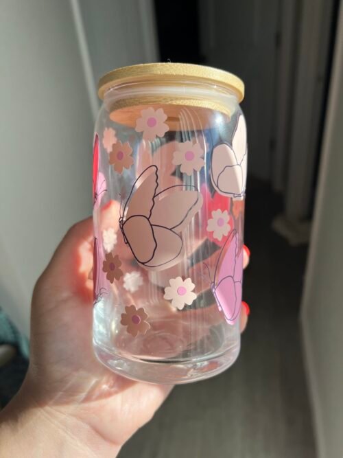 Butterflies and flowers pink 16oz glass cup