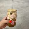Pink butterflies and flowers 16oz glass cup