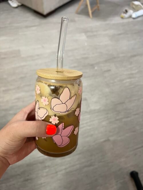 Pink butterflies and flowers 16oz glass cup