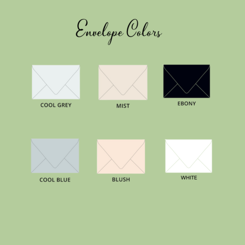 Envelope colors: Cool grey, cool blue, mist, blush, ebony, and white