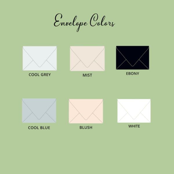 Wedding Invitation Envelope Colors-4 Envelope colors: Cool grey, cool blue, mist, blush, ebony, and white