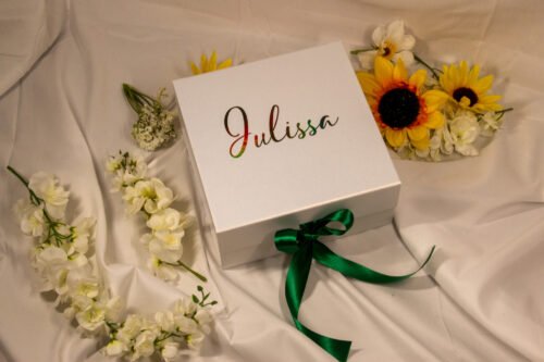 white and metallic green bridesmaid proposal box