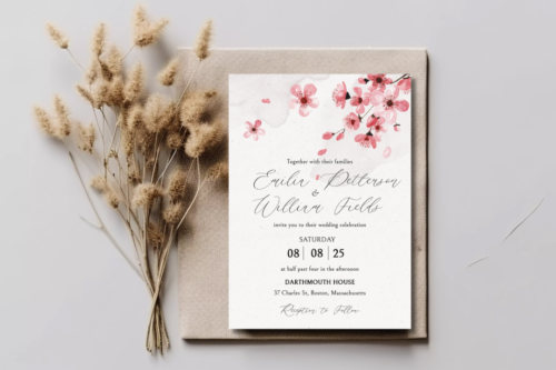 Pink Cherry Blossom Wedding Invite Mockup