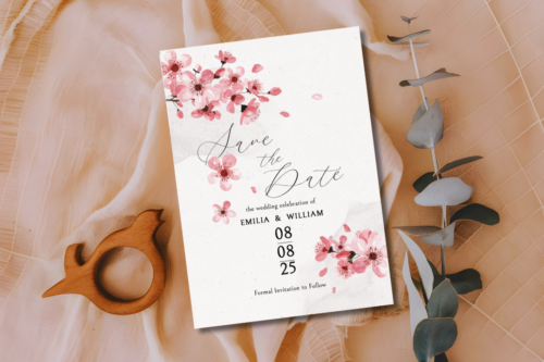 Pink Cherry Blossom Wedding Save the Date Mockup