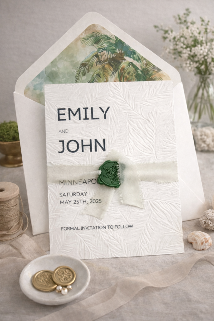 Blind Embossed Palm Leaf Wedding Invitation and Envelope with Ribbon and Wax Seal - Designs with Diana