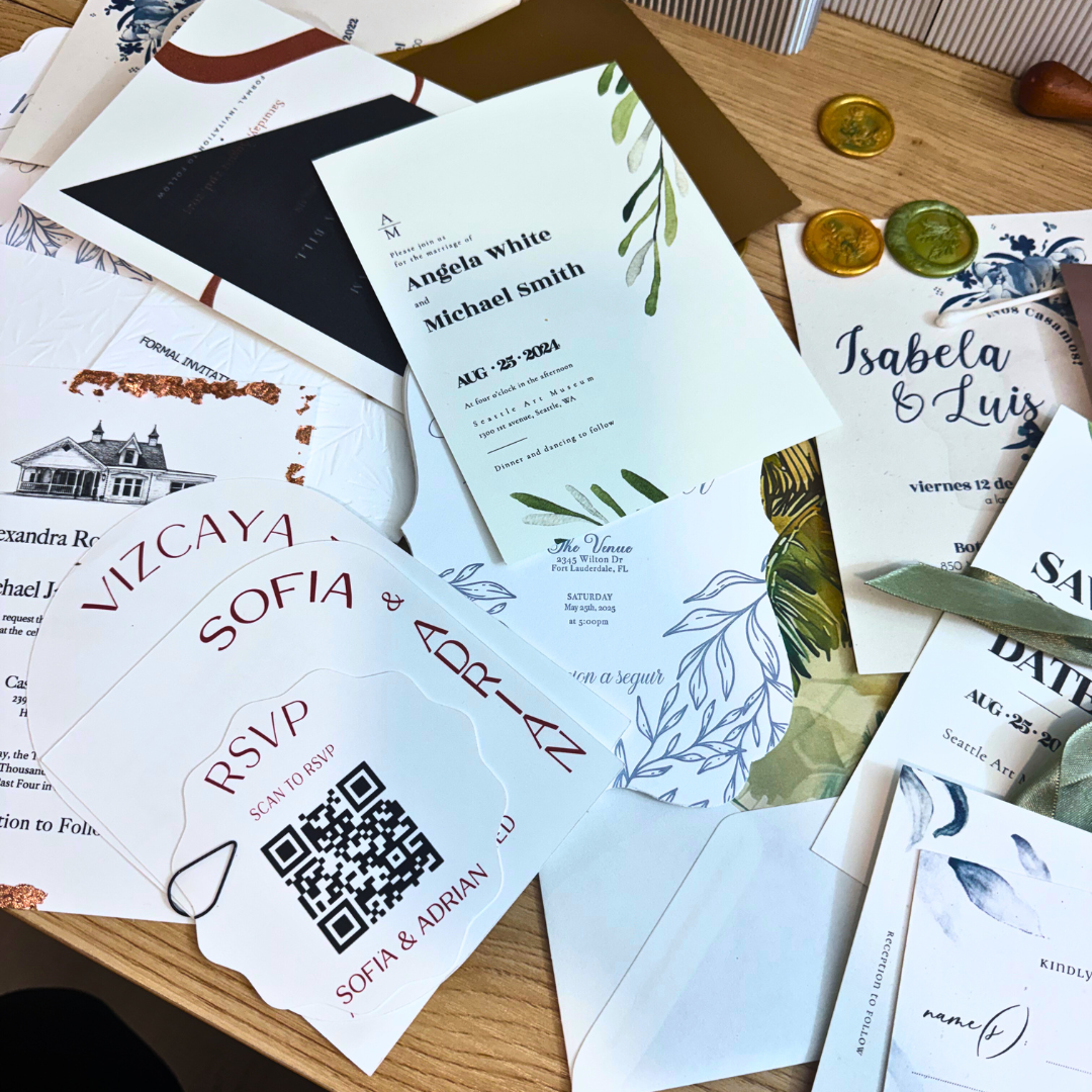 Pile of wedding invitations on a desk- Designs with Diana