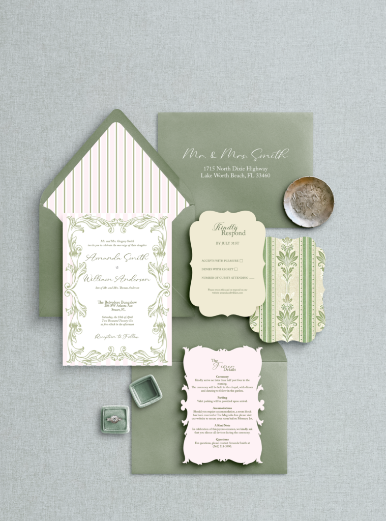 Custom Wedding Invitations West Palm Beach - Pink and Green Wedding Invitation